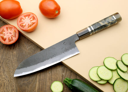 Hayate Hinoura Kurouchi Black-Forged Blue Steel Stainless Clad Santoku Multipurpose Knife