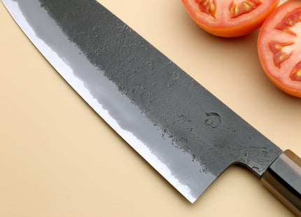 Hayate Hinoura Kurouchi Black-Forged Blue Steel Stainless Clad Santoku Multipurpose Knife