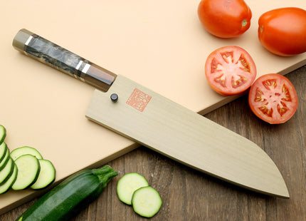 Hayate Hinoura Kurouchi Black-Forged Blue Steel Stainless Clad Santoku Multipurpose Knife