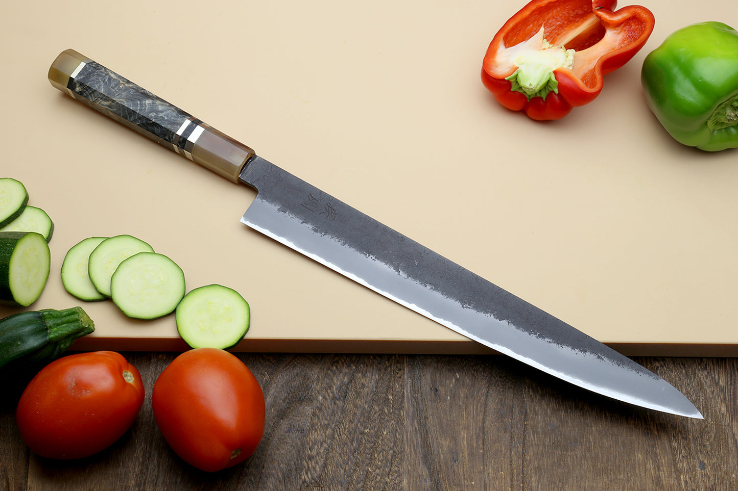 Hayate Hinoura Kurouchi Black-Forged Blue Steel Stainless Clad Sujihiki Slicer Knife