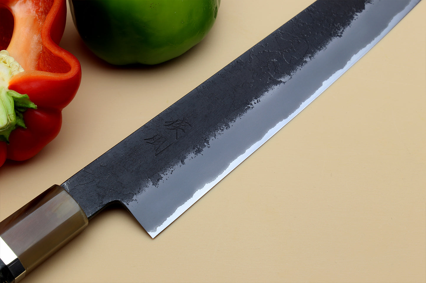 Hayate Hinoura Kurouchi Black-Forged Blue Steel Stainless Clad Sujihiki Slicer Knife