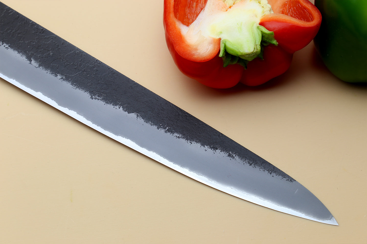 Hayate Hinoura Kurouchi Black-Forged Blue Steel Stainless Clad Sujihiki Slicer Knife