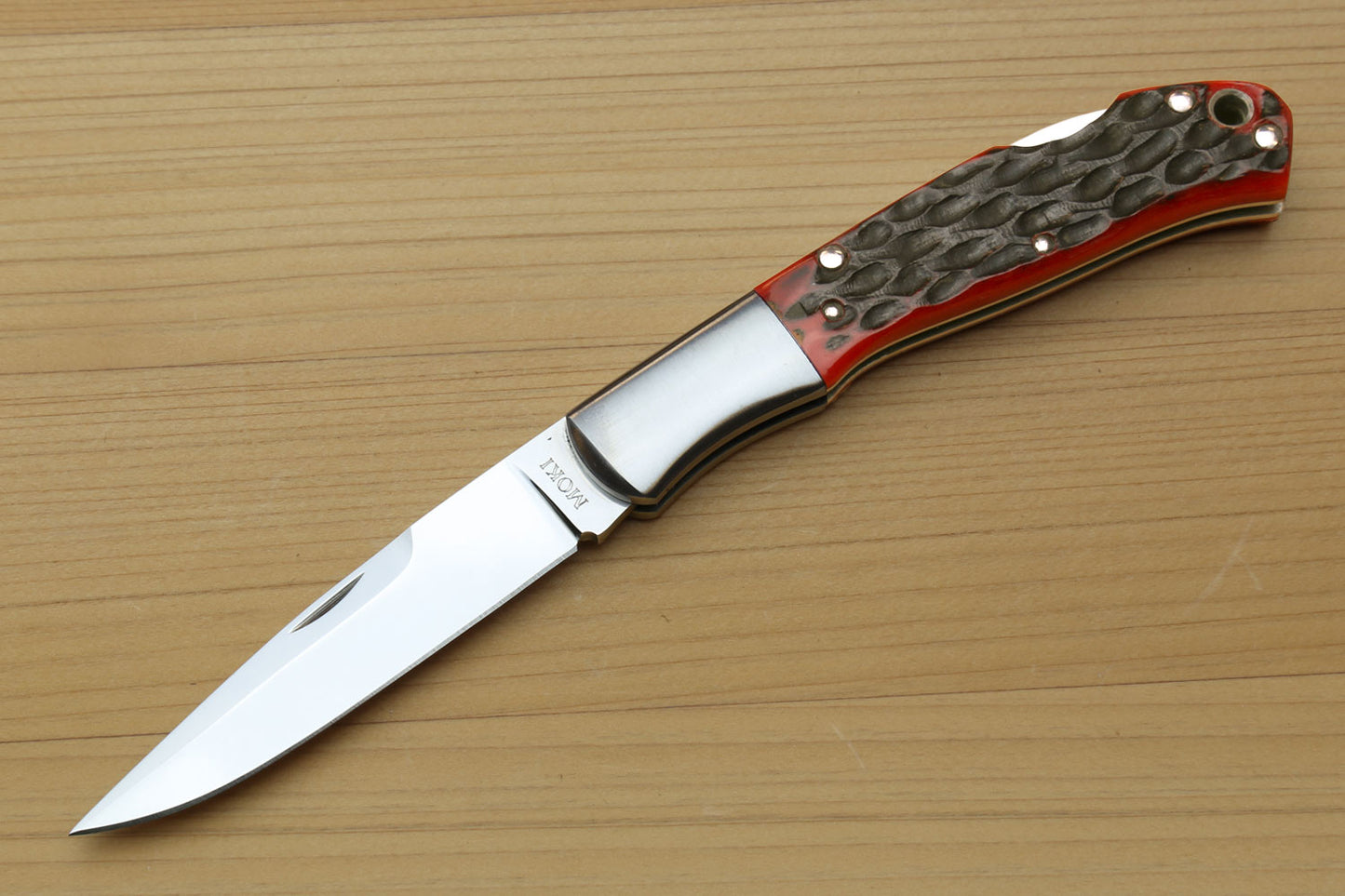 Moki VG-10 Stainless Steel Mirror Polished Lockback Folding Pocket Knife with Red Jigged Bone