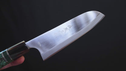 Yoshihiro High Speed Steel HAP40 Santoku Multipurpose Chefs Knife with Stabilized Maple Burl Handle and Nuri Saya Cover