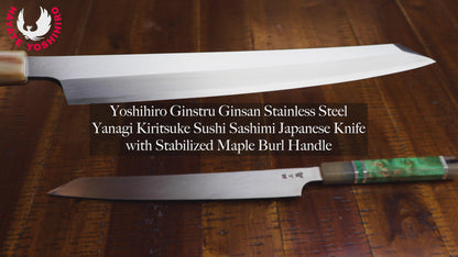 Yoshihiro Gintsuru Ginsan Stainless Steel Yanagi Kiritsuke Sushi Sashimi Japanese Knife with Stabilized Maple Burl Handle and Magnolia Saya Cover