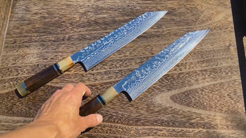 Yoshihiro HAP40 High Speed Stainless Steel Damascus Kiritsuke Multipurpose Chefs Knife, Octagonal Ebony Wood Handle with Triple Ring