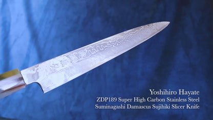 Yoshihiro Hayate ZDP 189 Super High Carbon Stainless Steel Suminagashi Damascus Sujihiki Slicer Knife Triple Ring Ebony Handle