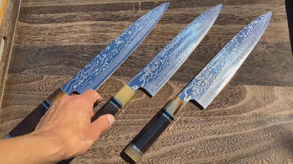 Yoshihiro HAP40 High Speed Stainless Steel Damascus Gyuto Chefs Knife, Octagonal Ebony Wood Handle with Triple Ring
