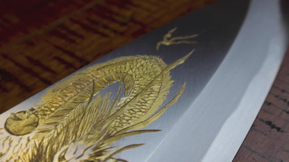 Yoshihiro Kasumi White Steel Deba Fish Fillet Knife – Hand-Etched Gold 'FIVE-STORY PAGODA', Limited Edition, 300mm (Magnolia Handle)