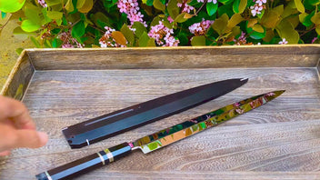 Yoshihiro Ikeda Honyaki White Steel Two Sided Mirror-Finished Mt. Fuji with Full Moon (*Crescent Moon on back) 330mm Yanagi Premium Triple Nickel Silver Ring Ebony Handle - IKEDA Limited Edition