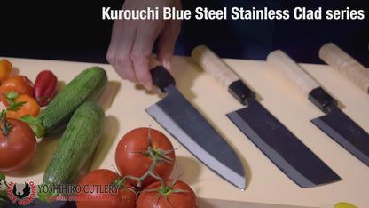 Yoshihiro Kurouchi Black-Forged Blue Steel Stainless Clad Santoku Multipurpose Knife Kaede Wood Handle