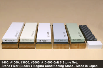 5-grit whetstone set with wooden bases and rectangular stones, plus stone block for conditioning
