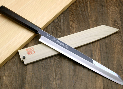 Yoshihiro Aonamiuchi Blue Steel #1 Mirror Polished Yanagi Kiritsuke Sushi Sashimi Japanese Knife Ebony Handle
