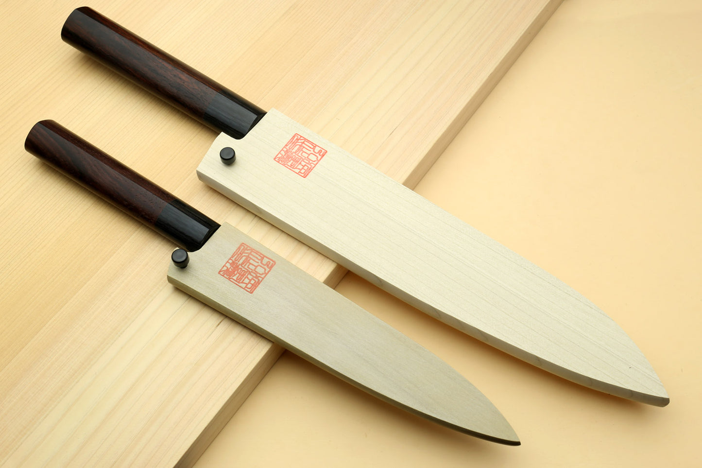 Yoshihiro Black Finish Blue Steel #2 Kurouchi Gyuto Chef Knife and Petty Set with Saya Cover