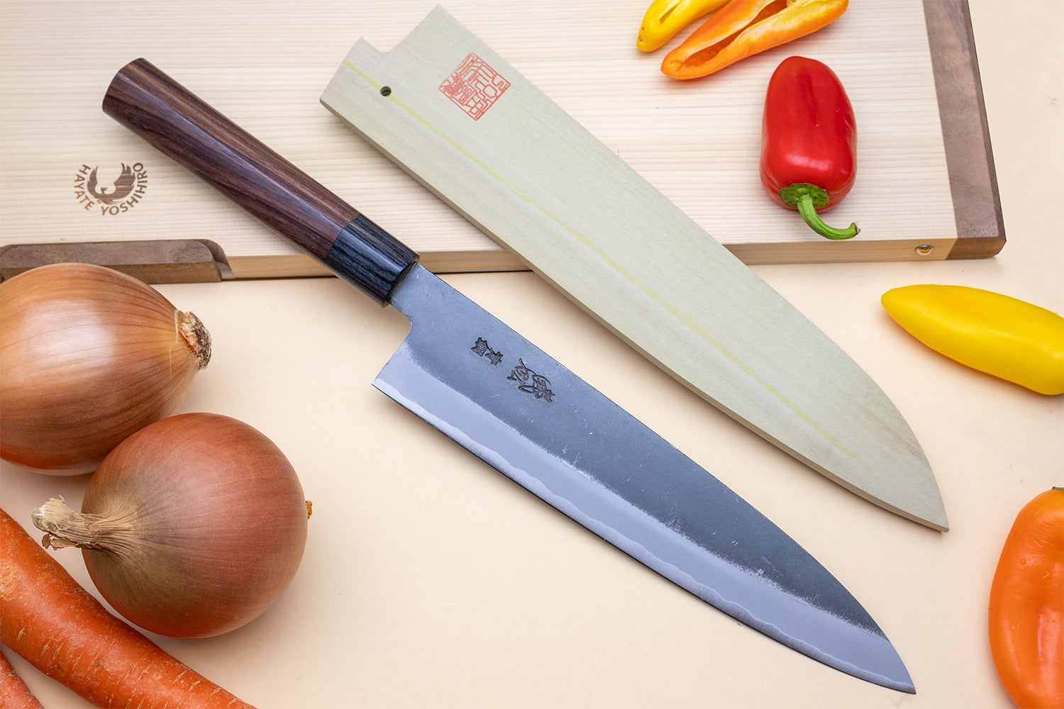 Yoshihiro Black Finish Blue Steel #2 Kurouchi Gyuto Japanese Chefs knife (D-Shape Shitan Handle)