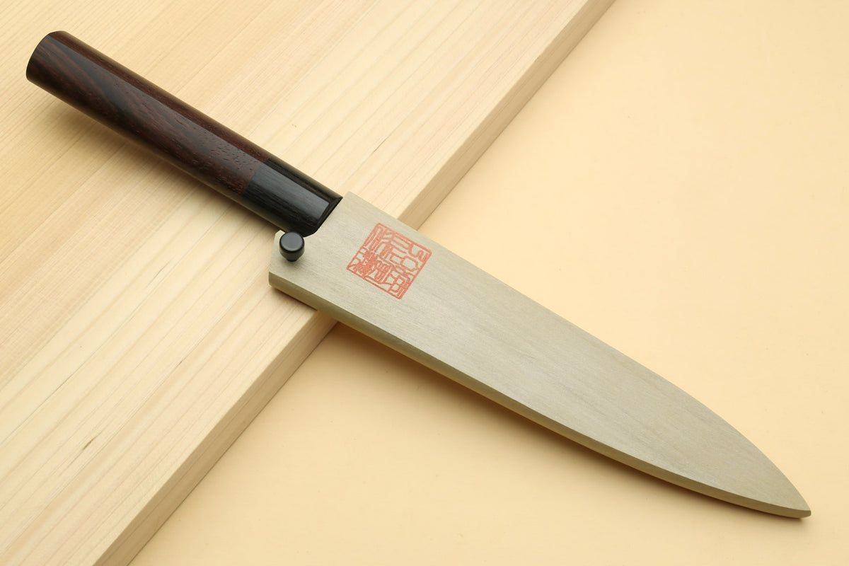 Petty knife with dark wood handle and blue steel blade, with black saya cover