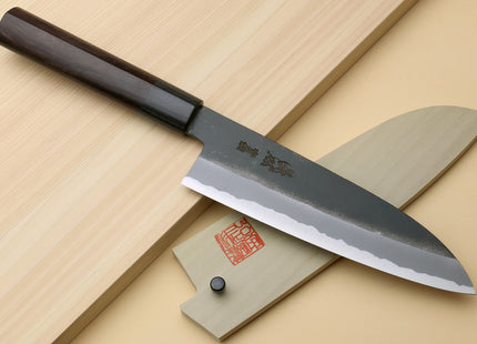 Yoshihiro Black Finish Blue Steel #2 Kurouchi Santoku Multipurpose Japanese Chef Knife (D-Shape Shitan Handle)