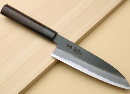 Yoshihiro Black Finish Blue Steel #2 Kurouchi Santoku Multipurpose Japanese Chef Knife (D-Shape Shitan Handle)