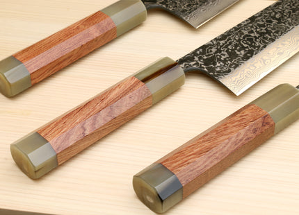 Yoshihiro Black-Forged High Performance SLD Damascus Steel Masashi Santoku Multipurpose Chef Knife Ironwood Handle