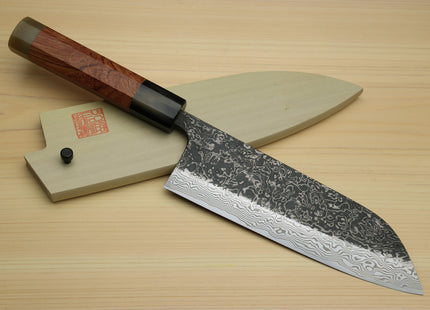 Yoshihiro Black-Forged High Performance SLD Damascus Steel Masashi Santoku Multipurpose Chef Knife Ironwood Handle