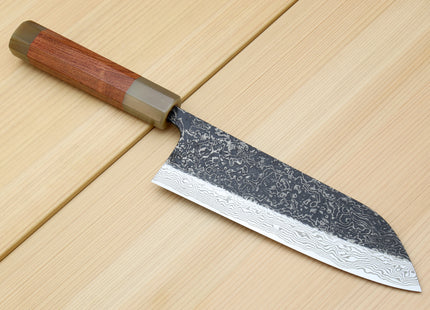 Yoshihiro Black-Forged High Performance SLD Damascus Steel Masashi Santoku Multipurpose Chef Knife Ironwood Handle