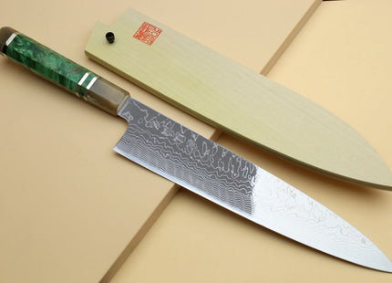 Yoshihiro Damascus SG2 (R2) Semi-Stainless Gyuto Chef Knife, Triple Ring Stabilized Maple Burl Handle