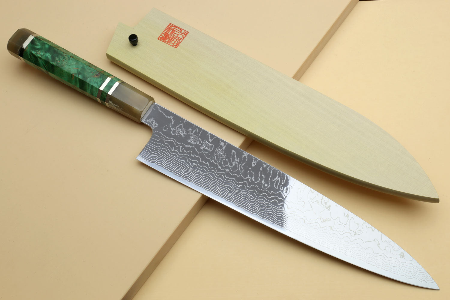 Yoshihiro Damascus SG2 (R2) Semi-Stainless Gyuto Chef Knife, Triple Ring Stabilized Maple Burl Handle