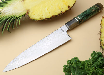 Yoshihiro Damascus SG2 (R2) Semi-Stainless Gyuto Chef Knife, Triple Ring Stabilized Maple Burl Handle