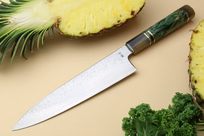 Yoshihiro Damascus SG2 (R2) Semi-Stainless Gyuto Chef Knife, Triple Ring Stabilized Maple Burl Handle