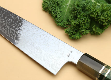 Yoshihiro Damascus SG2 (R2) Semi-Stainless Gyuto Chef Knife, Triple Ring Stabilized Maple Burl Handle