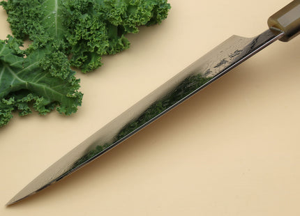 Yoshihiro Damascus SG2 (R2) Semi-Stainless Gyuto Chef Knife, Triple Ring Stabilized Maple Burl Handle