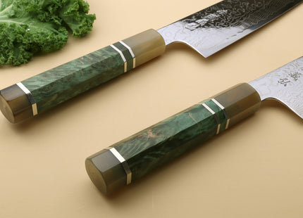 Yoshihiro Damascus SG2 (R2) Semi-Stainless Gyuto Chef Knife, Triple Ring Stabilized Maple Burl Handle