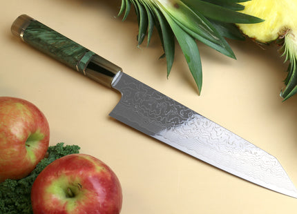 Yoshihiro Damascus SG2 (R2) Semi-Stainless Kiritsuke Chef Knife, Triple Ring Stabilized Maple Burl Handle