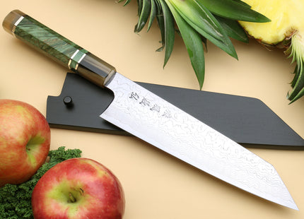 Yoshihiro Damascus SG2 (R2) Semi-Stainless Kiritsuke Chef Knife, Triple Ring Stabilized Maple Burl Handle