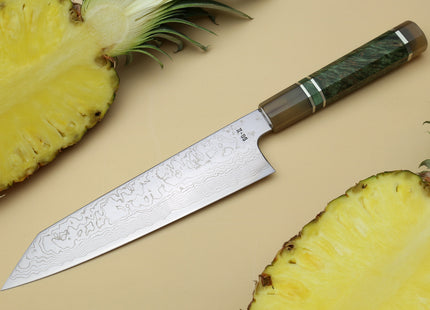 Yoshihiro Damascus SG2 (R2) Semi-Stainless Kiritsuke Chef Knife, Triple Ring Stabilized Maple Burl Handle