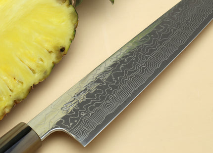 Yoshihiro Damascus SG2 (R2) Semi-Stainless Kiritsuke Chef Knife, Triple Ring Stabilized Maple Burl Handle