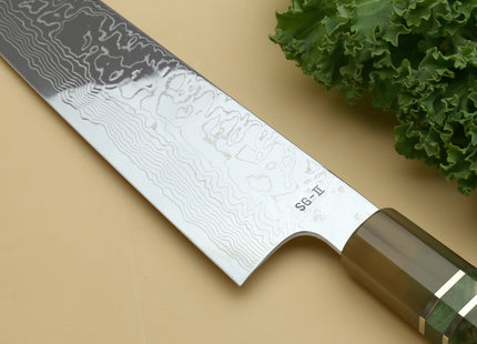 Yoshihiro Damascus SG2 (R2) Semi-Stainless Kiritsuke Chef Knife, Triple Ring Stabilized Maple Burl Handle