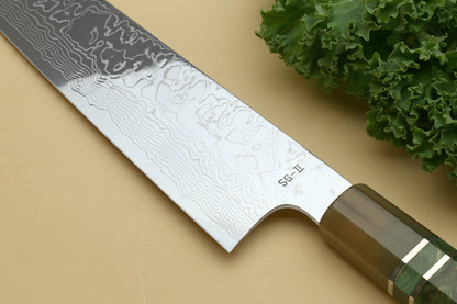 Yoshihiro Damascus SG2 (R2) Semi-Stainless Kiritsuke Chef Knife, Triple Ring Stabilized Maple Burl Handle