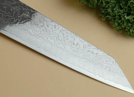 Yoshihiro Damascus SG2 (R2) Semi-Stainless Kiritsuke Chef Knife, Triple Ring Stabilized Maple Burl Handle