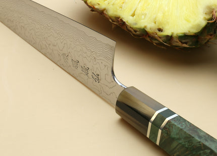 Yoshihiro Damascus SG2 (R2) Semi-Stainless Kiritsuke Chef Knife, Triple Ring Stabilized Maple Burl Handle
