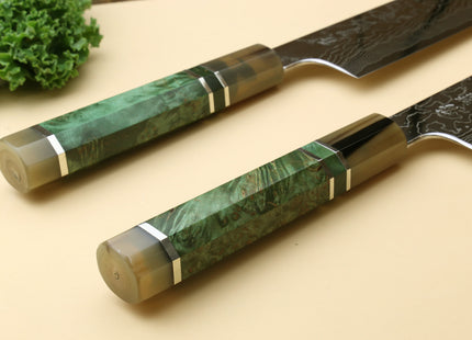 Yoshihiro Damascus SG2 (R2) Semi-Stainless Kiritsuke Chef Knife, Triple Ring Stabilized Maple Burl Handle
