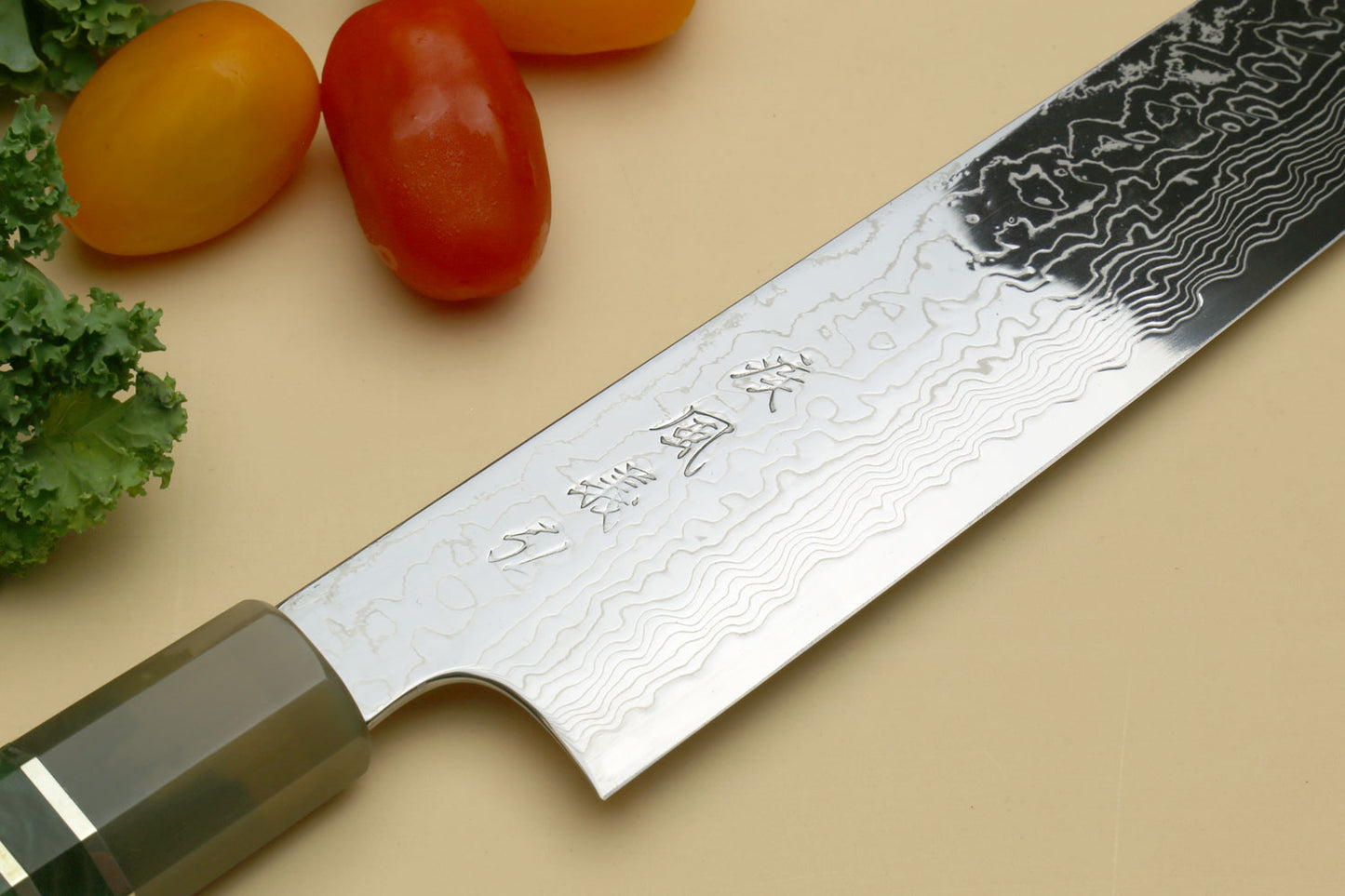 Yoshihiro Damascus SG2 (R2) Semi-Stainless Utility-Kiritsuke Chef Knife, Triple Ring Stabilized Maple Burl Handle