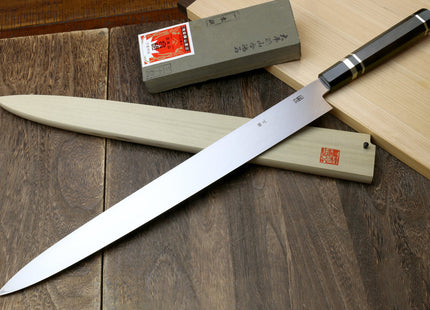 Yoshihiro Ginsan Mirror Polished Stain Resistant Steel Maguro Bocho Tuna Knife with Triple Silver Ring Ebony Handle (Yanagi Style) *Blade Length 17.7"
