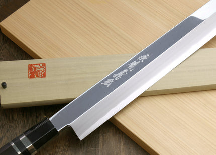 Yoshihiro Ginsan Mirror Polished Stain Resistant Steel Maguro Bocho Tuna Knife with Triple Silver Ring Ebony Handle (Yanagi Style) *Blade Length 17.7"