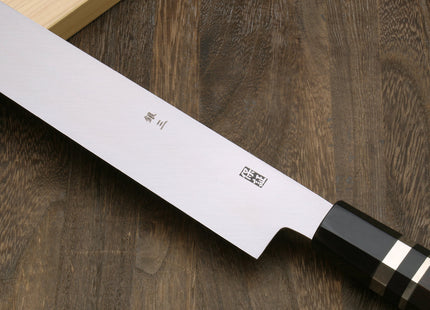 Yoshihiro Ginsan Mirror Polished Stain Resistant Steel Maguro Bocho Tuna Knife with Triple Silver Ring Ebony Handle (Yanagi Style) *Blade Length 17.7"