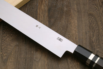 Tuna knife blade detail with engraving and ebony handle with silver ring accents