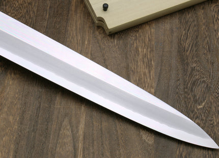 Yoshihiro Ginsan Mirror Polished Stain Resistant Steel Maguro Bocho Tuna Knife with Triple Silver Ring Ebony Handle (Yanagi Style) *Blade Length 17.7"
