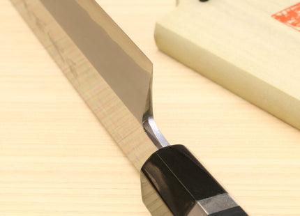 Yoshihiro Ginsan Mirror Polished Stain Resistant Steel Maguro Bocho Tuna Knife with Triple Silver Ring Ebony Handle (Yanagi Style) *Blade Length 17.7"
