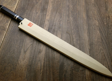 Yoshihiro Ginsan Mirror Polished Stain Resistant Steel Maguro Bocho Tuna Knife with Triple Silver Ring Ebony Handle (Yanagi Style) *Blade Length 17.7"