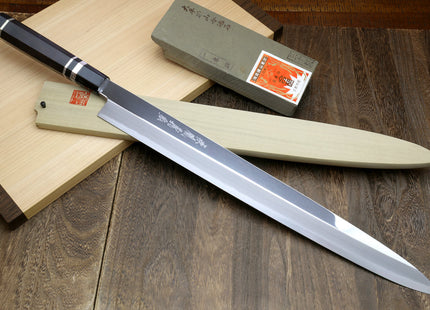 Yoshihiro Ginsan Mirror Polished Stain Resistant Steel Maguro Bocho Tuna Knife with Triple Silver Ring Ebony Handle (Yanagi Style) *Blade Length 17.7"